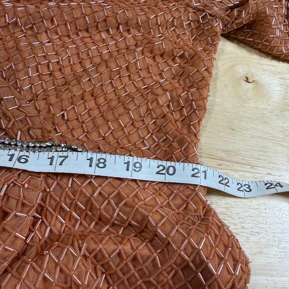 Mac Duggal NWT Copper Beaded Wrap Over Puff Sleeve Dress Rhinestone Waist Sz 20 - Picture 8 of 10